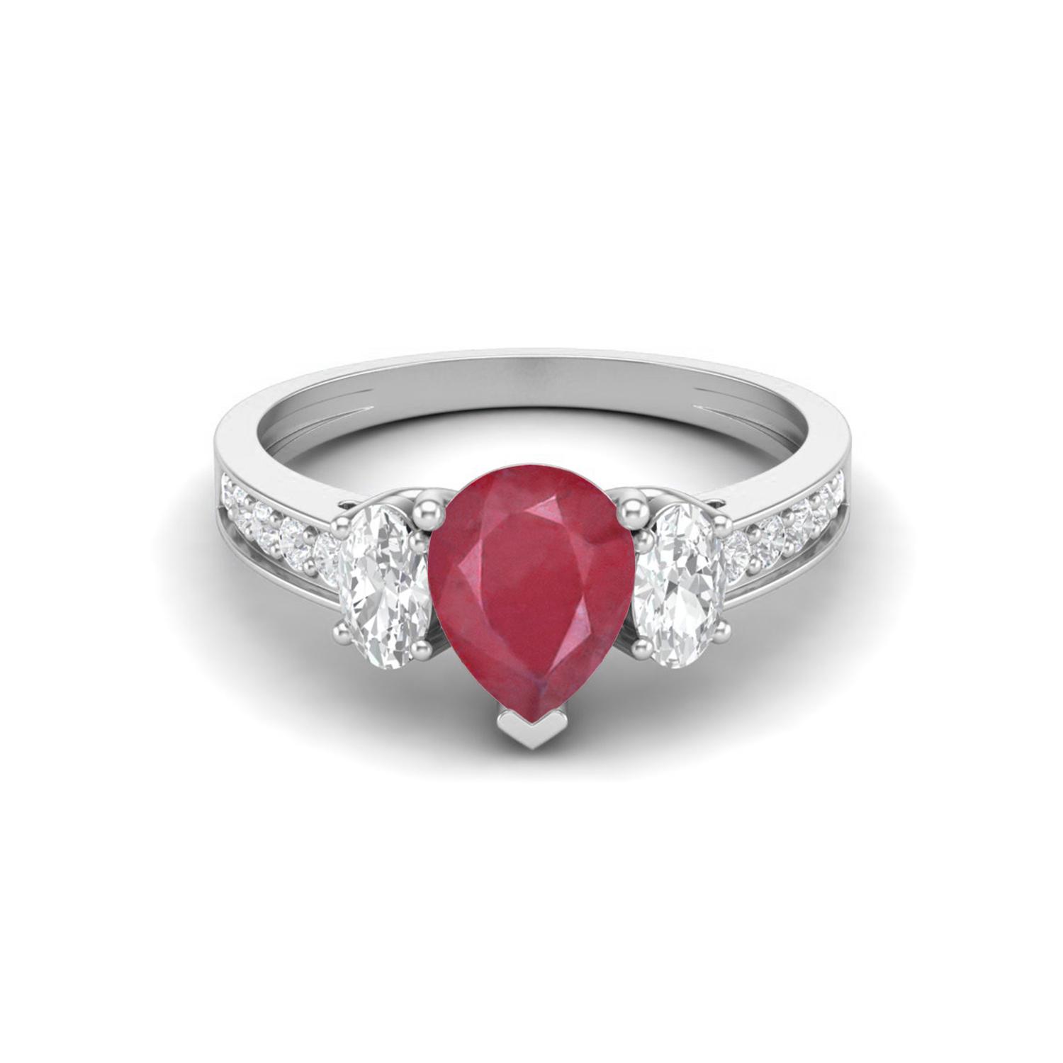 2.33 Cts Pear Ruby 925 Sterling Silver Three Stone Accent Engagement Wedding Ring 7