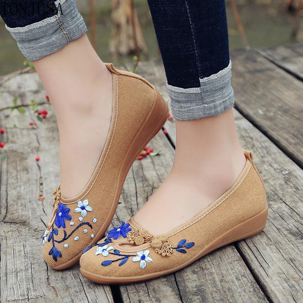 Women Ladies Casual Floral Round Toe Wegdes Embroider Loafers Canvas Shoes