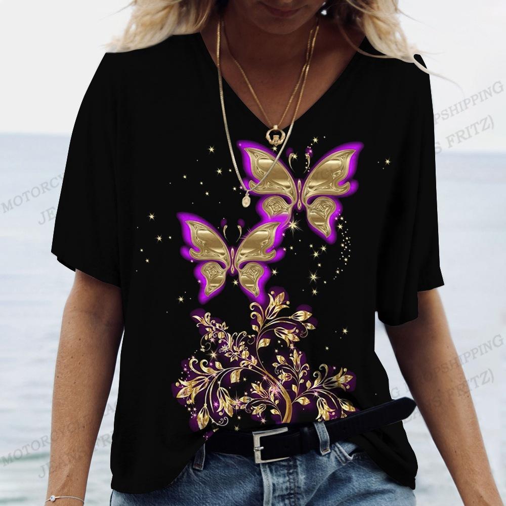 Fashion Loose Sweet Top Printed Women s V-Neck Short Sleeve Casual T-Shirts Women’s S