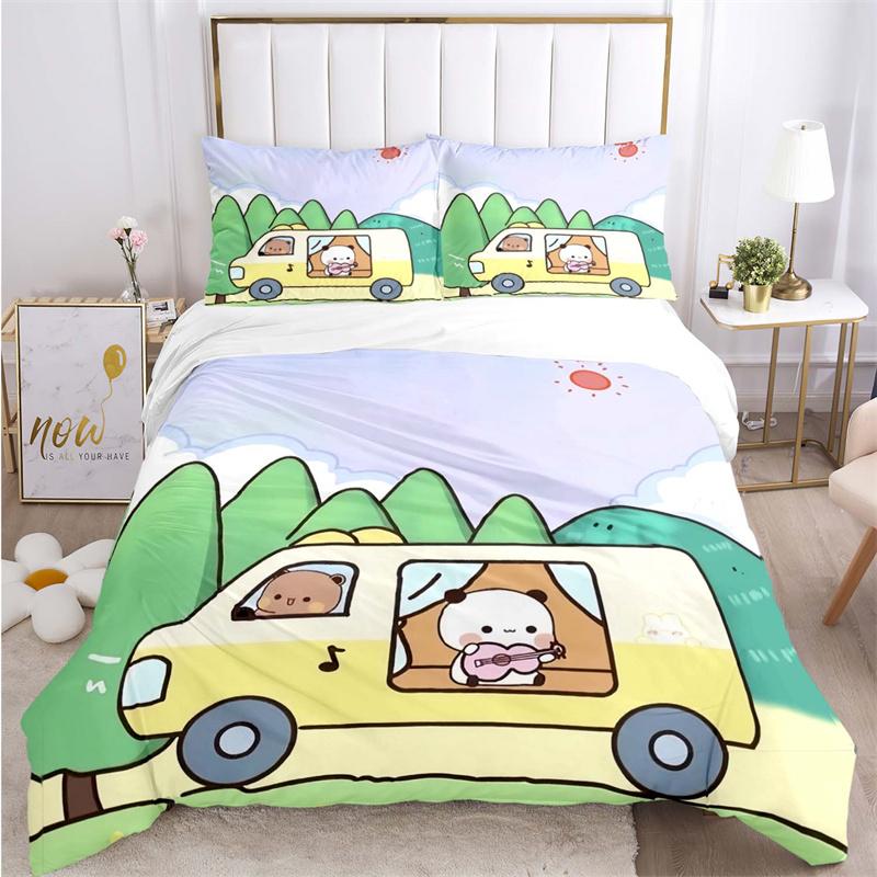 Bear and Bunny on Crescent Moon Print Bedding Set, Night Sky Starry Bed Linen(1 * duvet cover + 2 * pillowcase, without core)