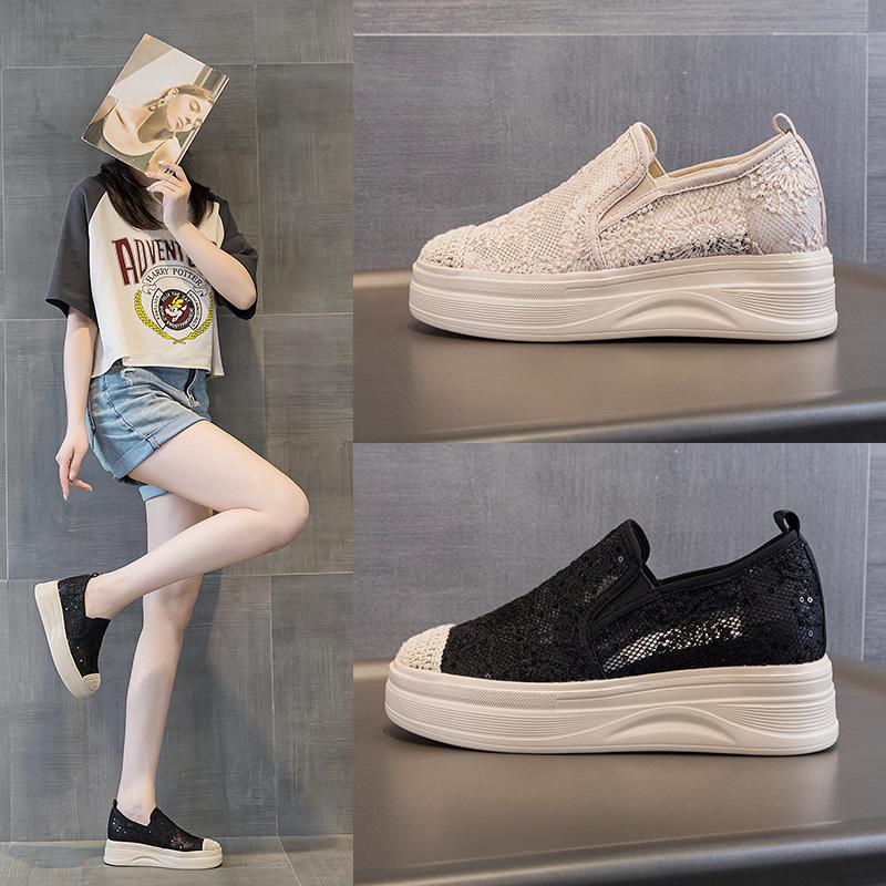 Fisherman shoes women's new one-pedal lightweight lace mesh shoes versatile thick soles increase height and breathability