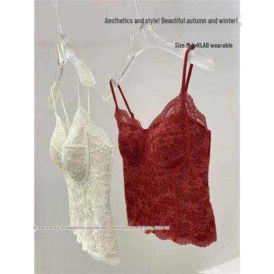Damen-Camisole-Weste mit roter Spitze der zweiten Generation mit Brustpolstern - Warme, gebürstete Basisschicht für Herbst und Winter