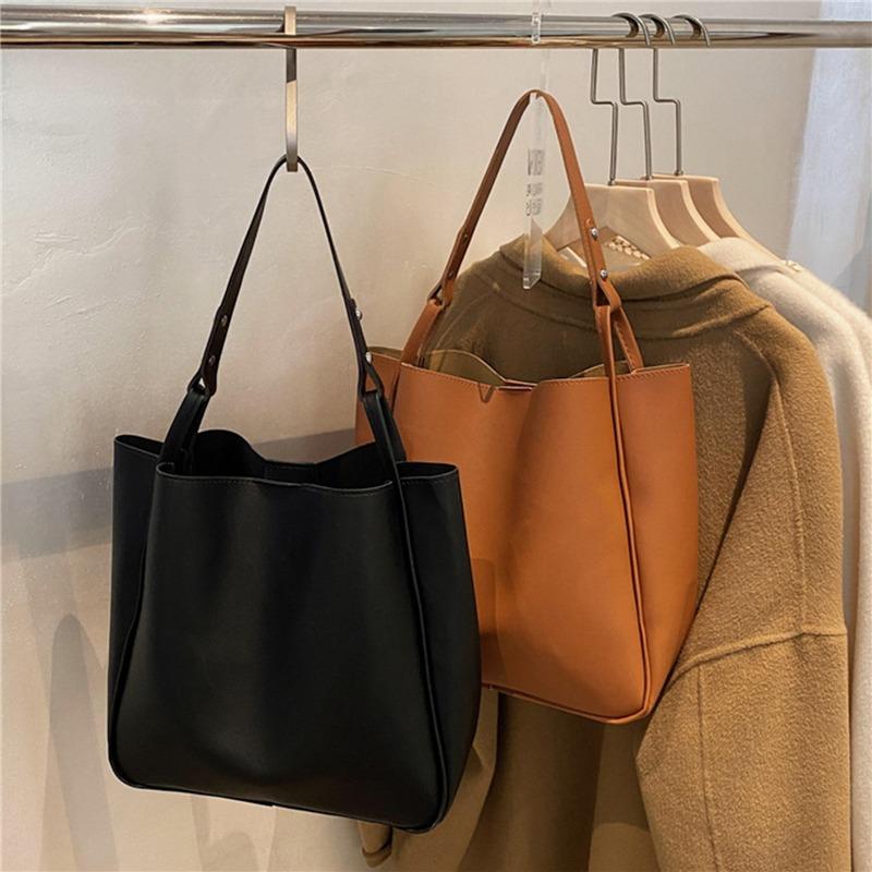 Simple Women Bucket Shoulder Bags New Solid Color Handbags Retro Large Capacity Tote Bags Large Capacity PU Leather Bags