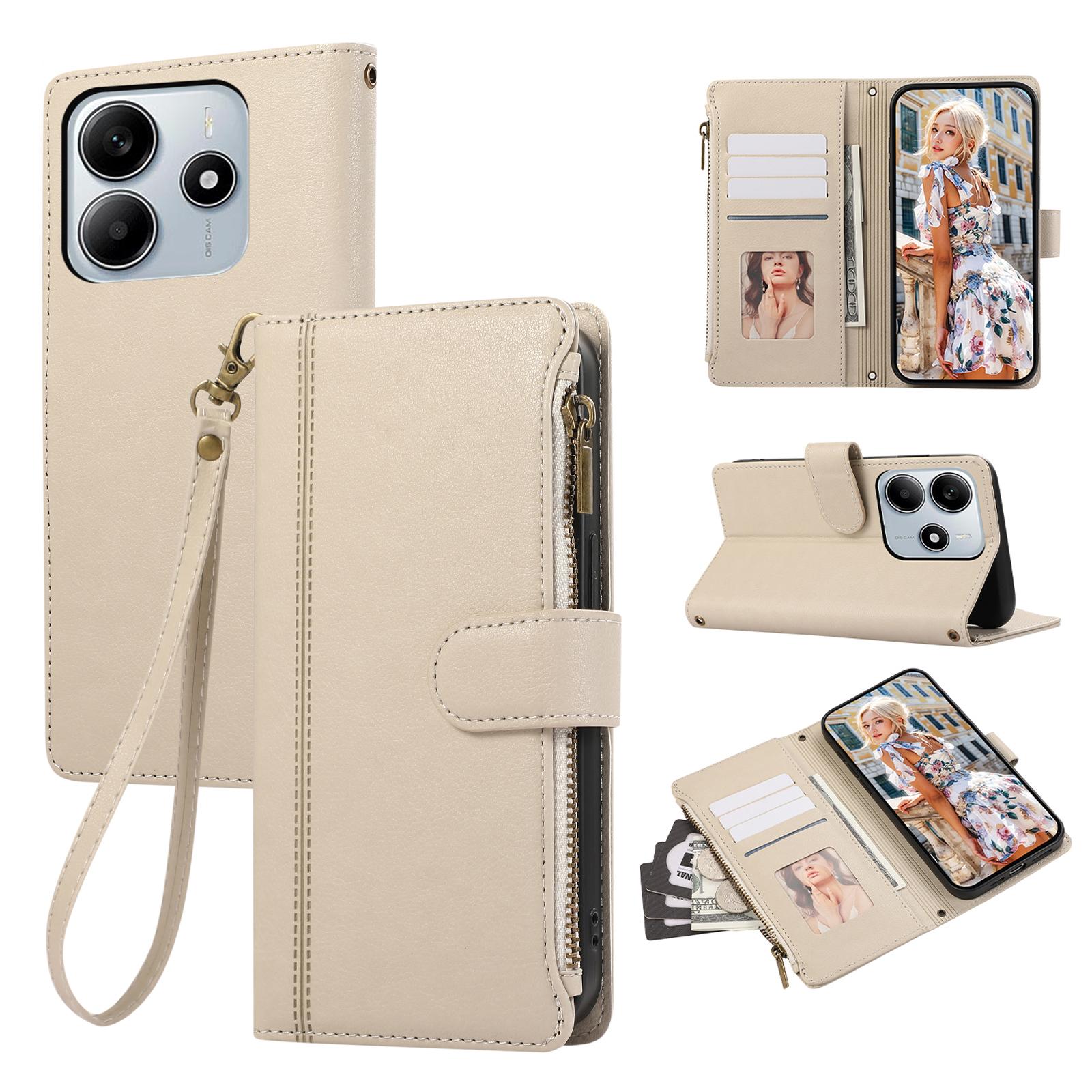 

Для Xiaomi Redmi Note 14 4G (164,84мм) Чехол с несколькими отделениями для карт, на молнии, кожаный чехол для телефона с ремешком на запястье Beige