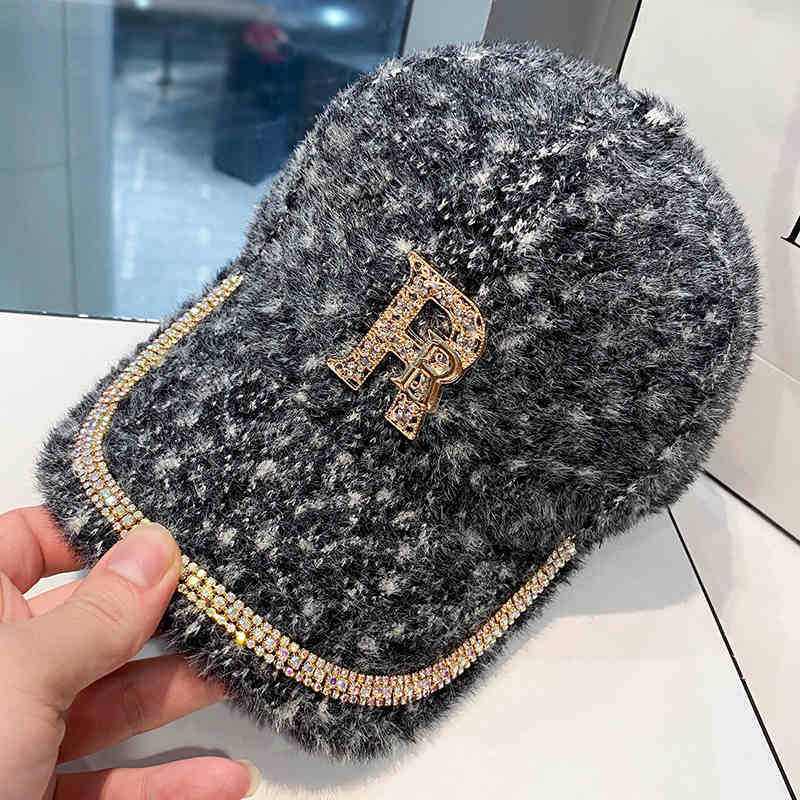 Hat Women's Autumn and Winter Versatile Trend Rhinestone Alphabet Baseball Cap Fashion Plush Warm Cap Women's Winter
