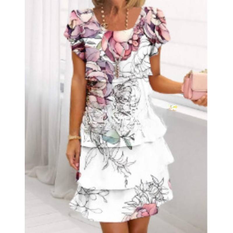 Polyester Short Sleeve Floral Print Dress With Digital Printing For Casual Spring Wear