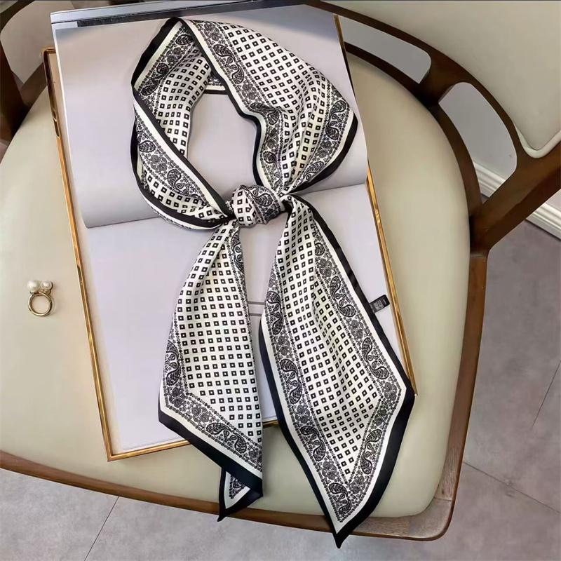 Fashion Blue Print Silk Scarf Women Soft Satin Horse Hairband Bevel Neckerchief Office Hijab Headband Foulard Bag Ribbons Gift