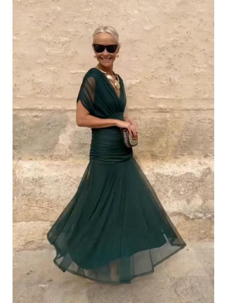 2026 European & American V-Neck Mesh Dress - Elegant Mid-length Skirt with Printed Design
