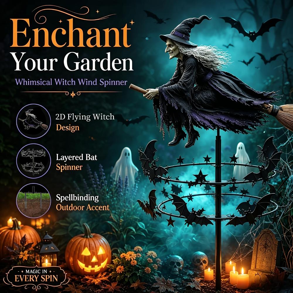Mulino a vento da giardino magico spettrale di Halloween, decorazione da picchetto per esterni con motivi di strega e pipistrello, ornamento divertente e inquietante per la decorazione del giardino di Halloween