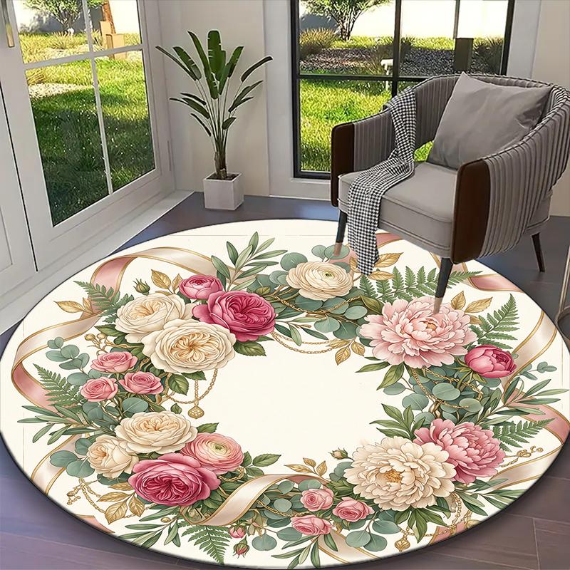 

1pc Purple Rose Flowers Printed Chair Rug for Home Office Use, Living Room Kitchen Game Room Round Carpet Diameter 60cm