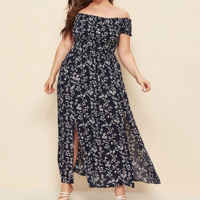 Ladies' Casual Bohemian One Neck Slit Dress Long Small Floral Skirt
