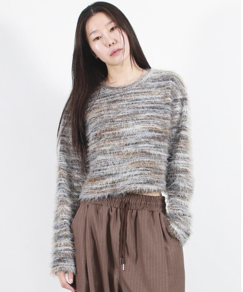 Deumakeu Rainbow Stripe Crop Long Sleeve Knit - Beige