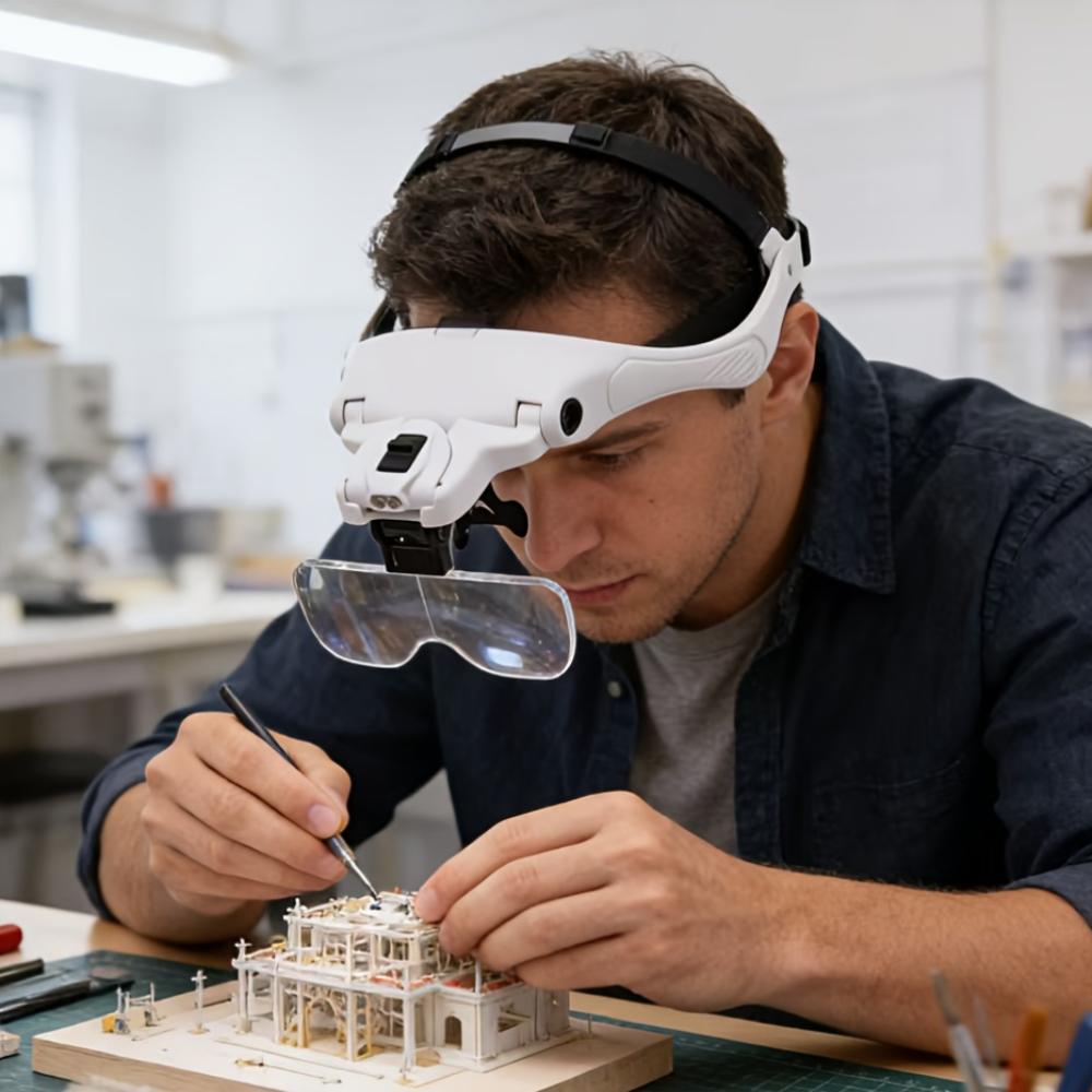 Head Magnifier With LED Light, Adjustable Headband, 5 Interchangeable Lenses 1.0X‑3.5X, For Model Making, Repair, Jewelry Work