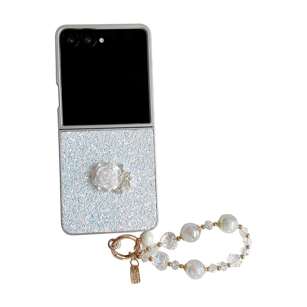 Phantom Glitter White Rose Mobile Phone Case for Samsung Z FLIP7/6/5/4 Portable Bead Chain 3rd Generation Folding Case