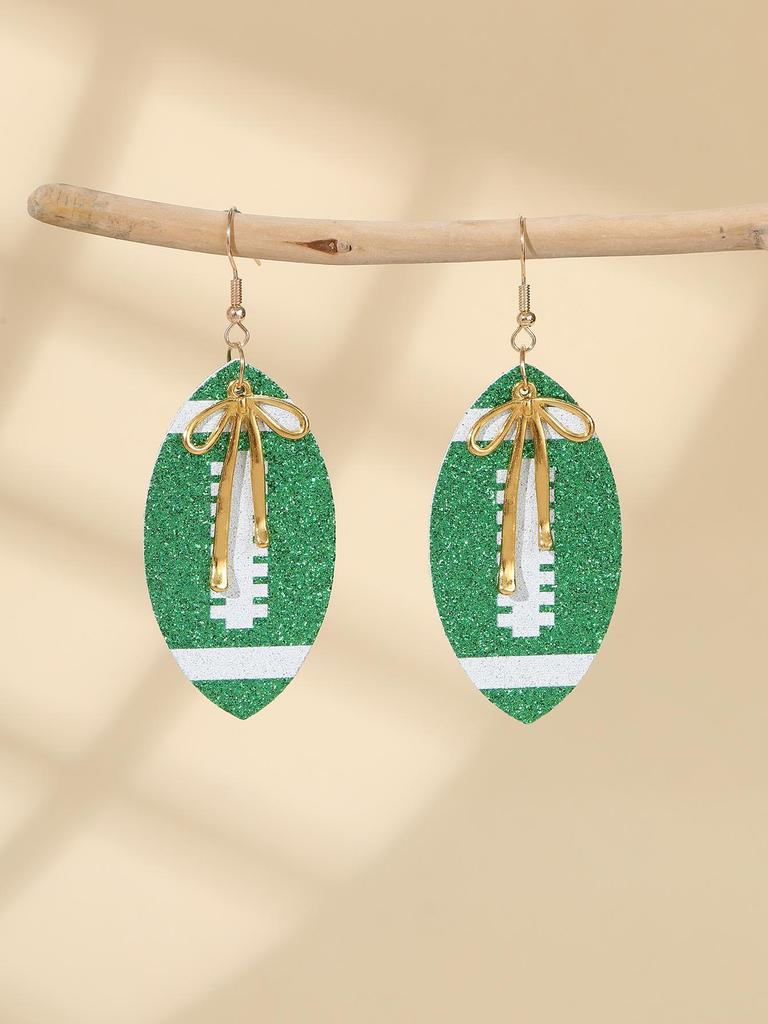 European-American Super Bowl Sporty PU Leather Football Earrings with Alloy Bowknot