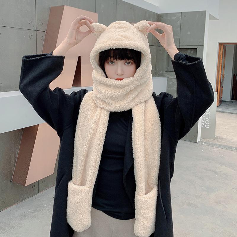 Korean Version of Autumn and Winter Hat Scarf Gloves One Piece Three Piece Warm and Cold Proof Scarf Cute Fashionable Ear-protecting Plush Hat