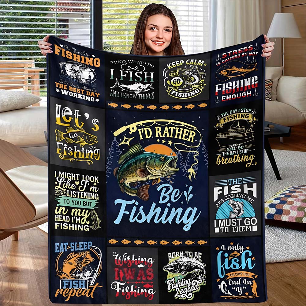 1pc Fishing Lover Throw Blanket, I'd Rather Be Fishing Novelty Warm Flannel Blanket for Couch Bed Camping Gift for Fishermen