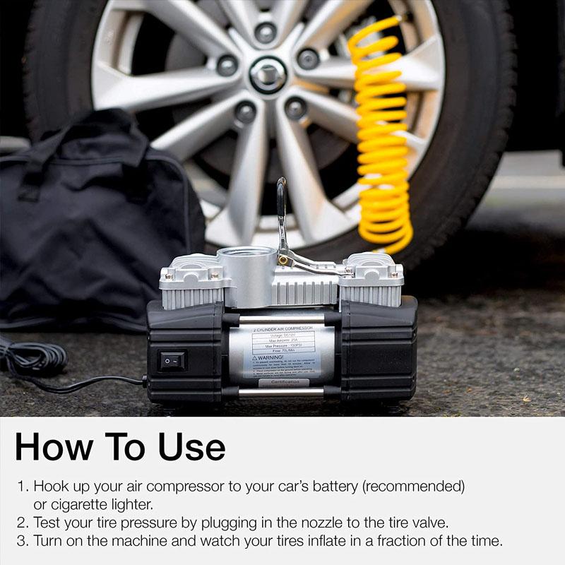 300W 150PSI Inflator Portable Double Cylinder Air Compressor Tire Inflator with LED Flashlight 12V Heavy Duty Tire Inflator