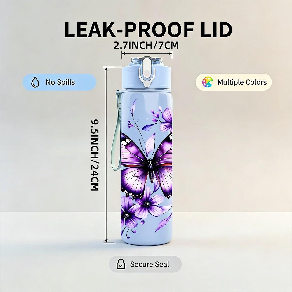 1PC Purple Butterfly Flower Pattern 750ml Color Plastic Sports Water Bottle Leakproof Flip Straw Lid Suitable for Sports Office Home Use