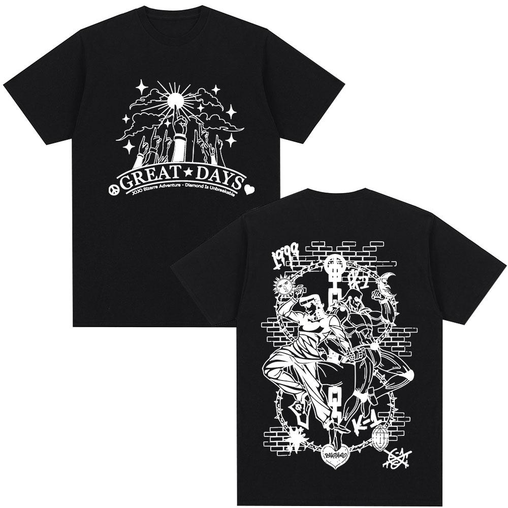 Anime Jojo Bizarre Adventure Higashikata Josuke Great Days T Shirts Unisex Casual Cotton Y2K Short Sleeves Oversized Top Streetwear
