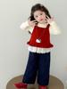Girls' Fashionable Three-Piece Set: Knitted Vest, Polka Dot Shirt & Wide-Leg Pants for Spring/Autumn