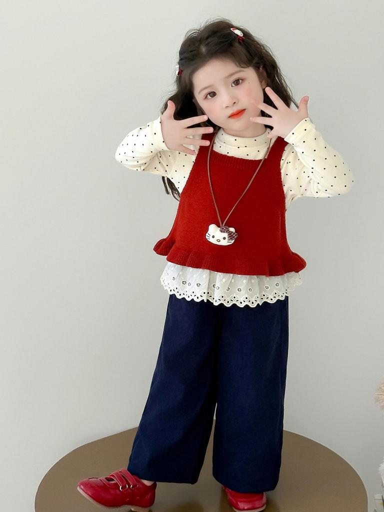 Girls' Fashionable Three-Piece Set: Knitted Vest, Polka Dot Shirt & Wide-Leg Pants for Spring/Autumn