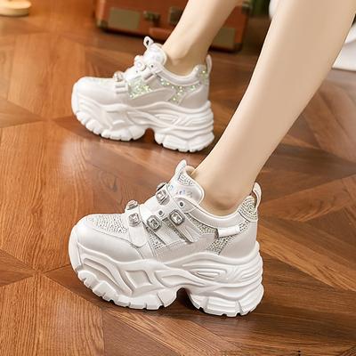 Fashion 2025 Spring New Chunky Sole Dad Shoes for Women Water Diamond Platform Single Shoes Fashionable Hidden Heel Sneakers