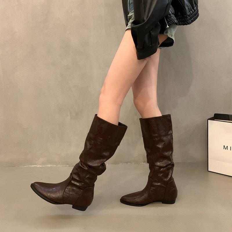 Suding Home Coarse Heel Pointed Pile Boots Long Boots Women's Shoes 2025 New Spring, Autumn and Winter Medium Tube Skinny Knight Boots