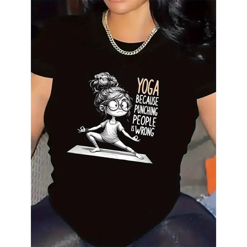 Women S Yoga Graphic T-Shirt - Yoga Because Punching People Is Wrong Sassy Slogan Tee - Lightweight Stretchy Workout Shirt for Gym, S чёрный