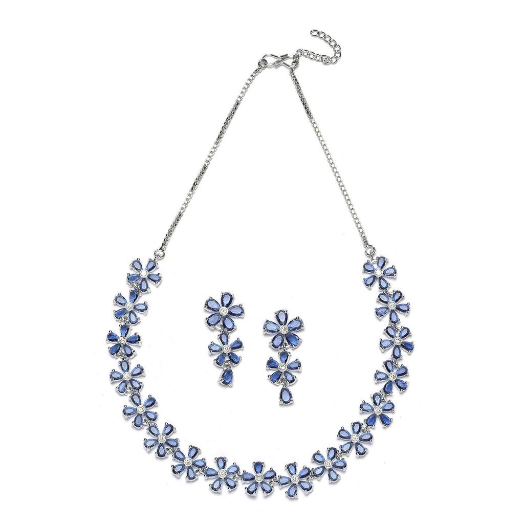 Rhodium Plated Silver Toned White American Diamond Studded Flower Shaped Jewellery Set For Girls and Women