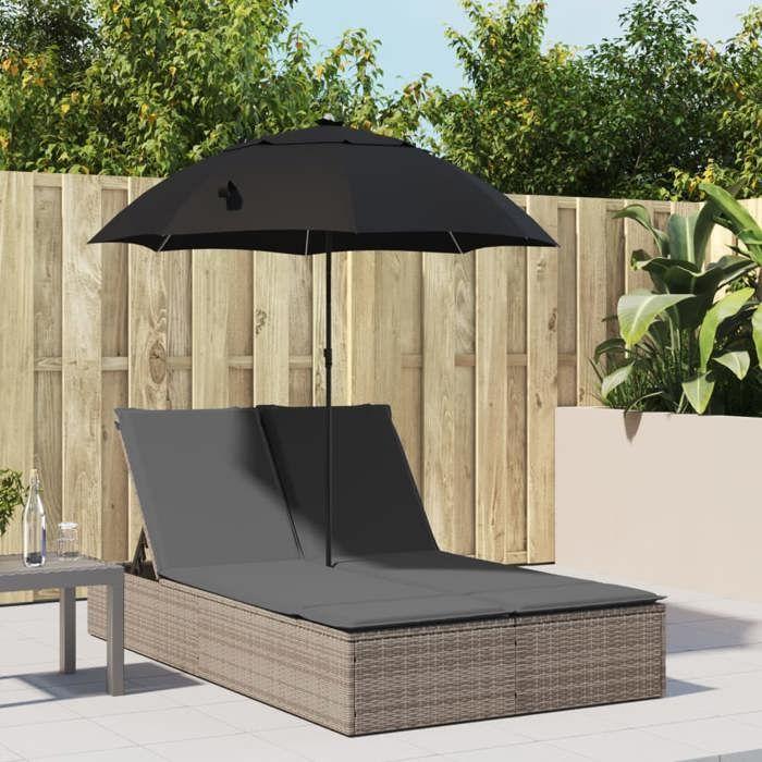 VidaXL Chaise longue double et coussins et parasol gris résine tressée, transat, lit de jour d'extérieur, lit de jour de 368083