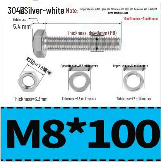 304 Stainless Steel Hex Head Bolt and Nut Set M6-M14, Lengths 8-100mm