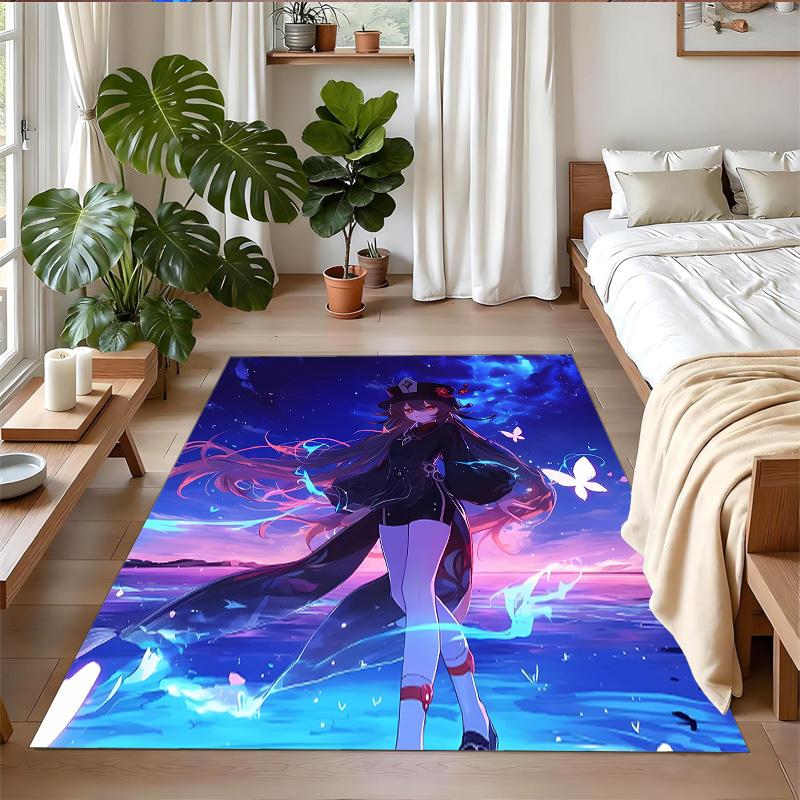 Anti‑Slip Crystal Velvet Floor Rug, Genshin Impact Design Carpet for Indoor Living Bedroom Home Decoration