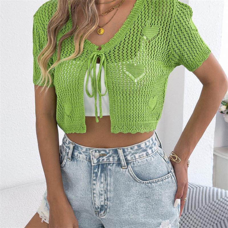 2026 Spring/Summer Women's Hollow Lace Short Sleeve Knitted Open Top S-XL