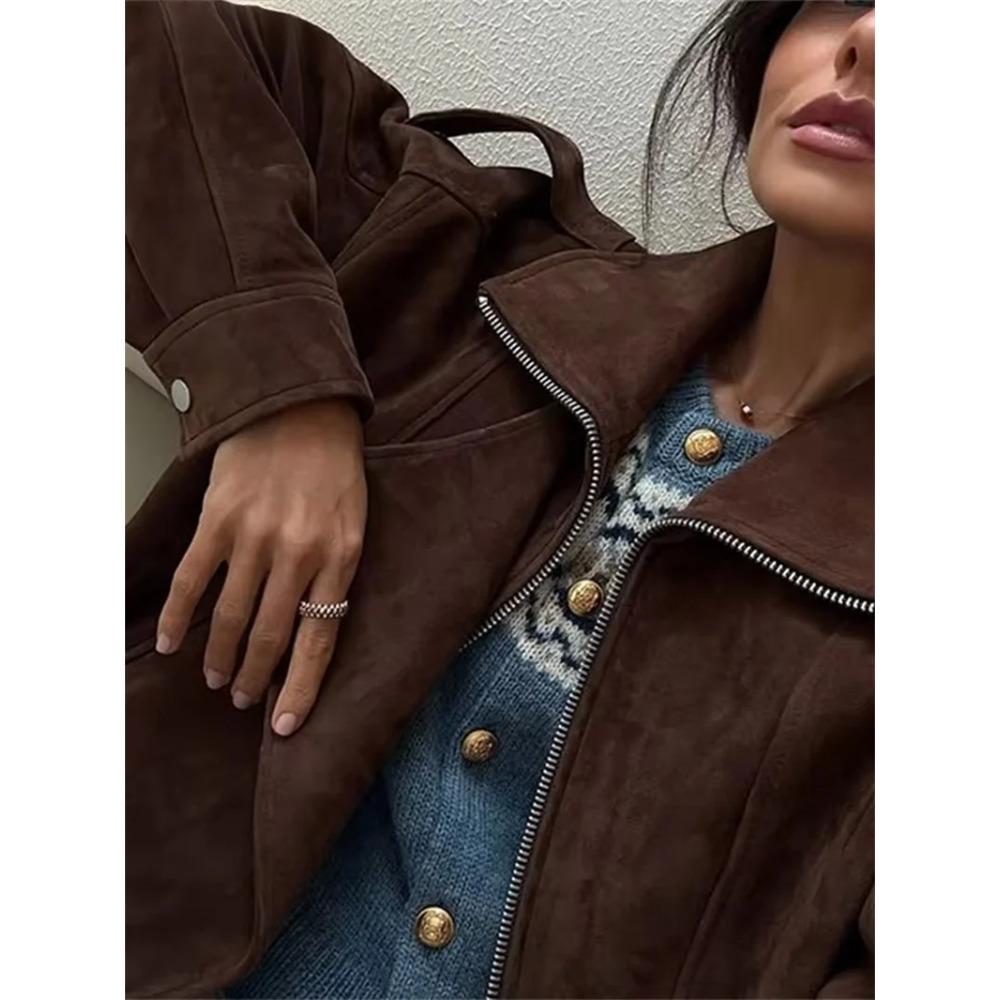Women's Belt Short Suede Jackets Loose Lapel Long Sleeve Zipper Coats Spring Lady Vintage Female Outwear Street
