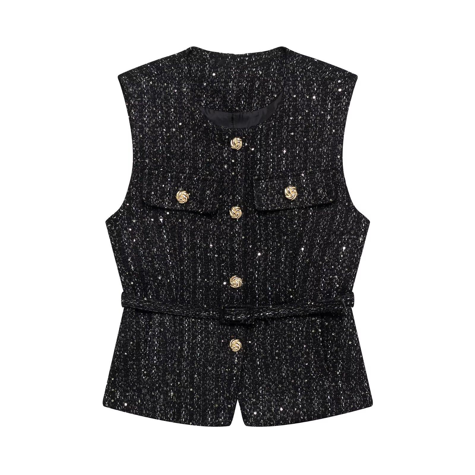 

Весна/Лето 2025 Женский облегающий вязаный жилет с круглым вырезом и пайетками Extra Small чёрный