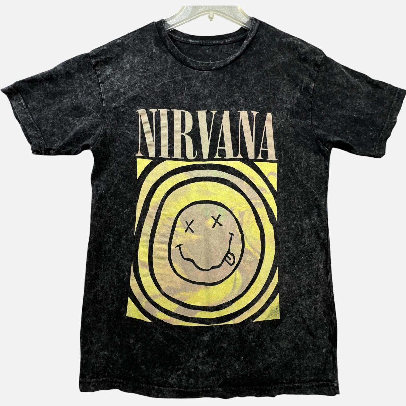 

Мужская футболка Nirvana с графическим изображением смайлика, размер M, черная, с эффектом кислотной стирки, футболка группы в стиле гранж 3XL