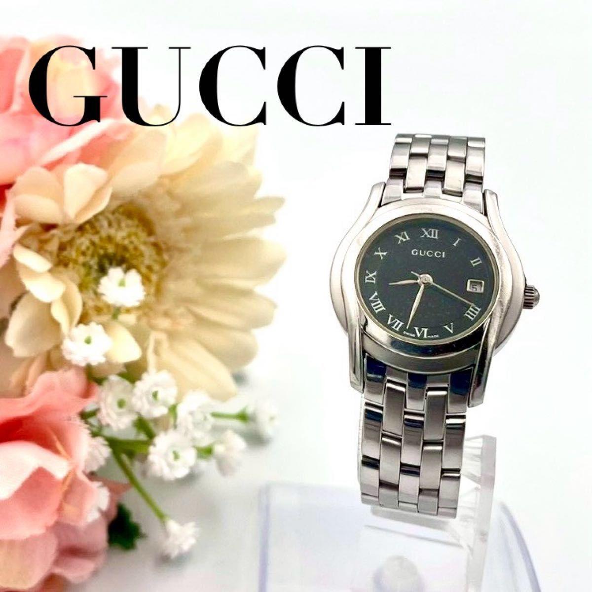 Used 829 New Battery GUCCI 5500L Date Quartz Watch Black Dial Stainless Steel Silver Ladies Working