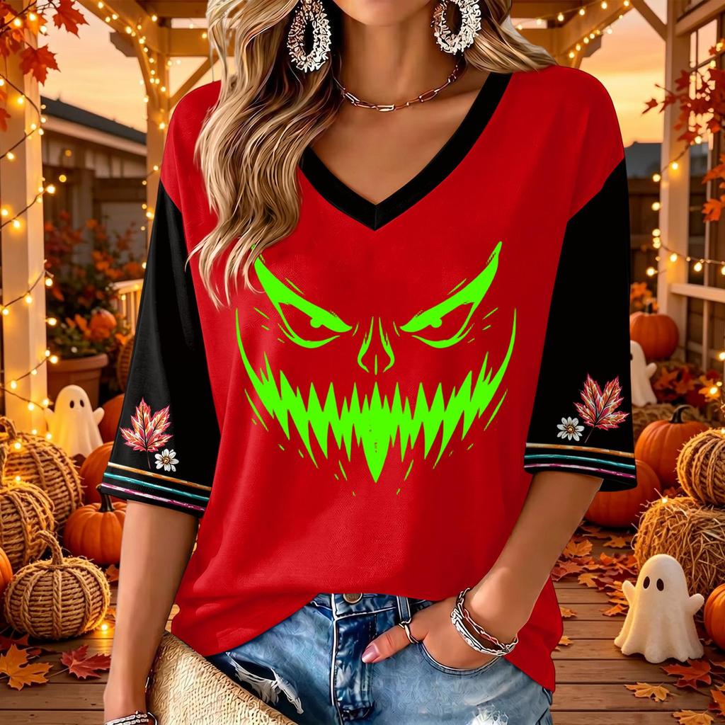 Women's V-Neck Halloween Print Three-Quarter Sleeve Casual Blouse for Fall