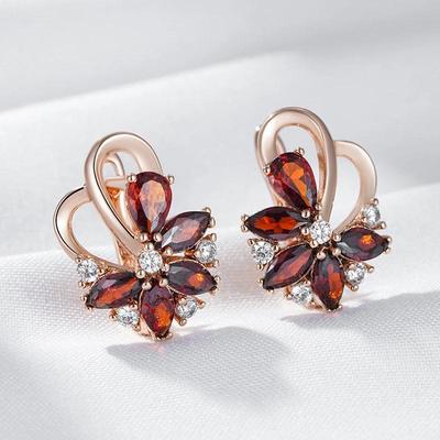 Garnet Red Flower Zircon Earrings For Women Fashion Vintage Jewelry Luxury Wedding Party Accessories