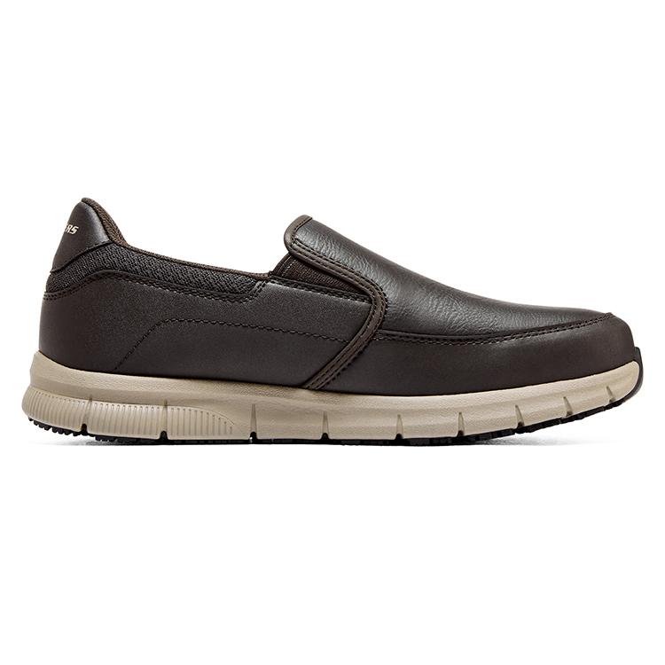 Skechers Entspannte Passform Arbeits-Slip-On Business Weiche Sohle Pendler Synthetikleder Sportlicher Komfort Niedrig geschnitten Freizeit-Schuhe Herren Sneaker Schokolade 77157-CHOC