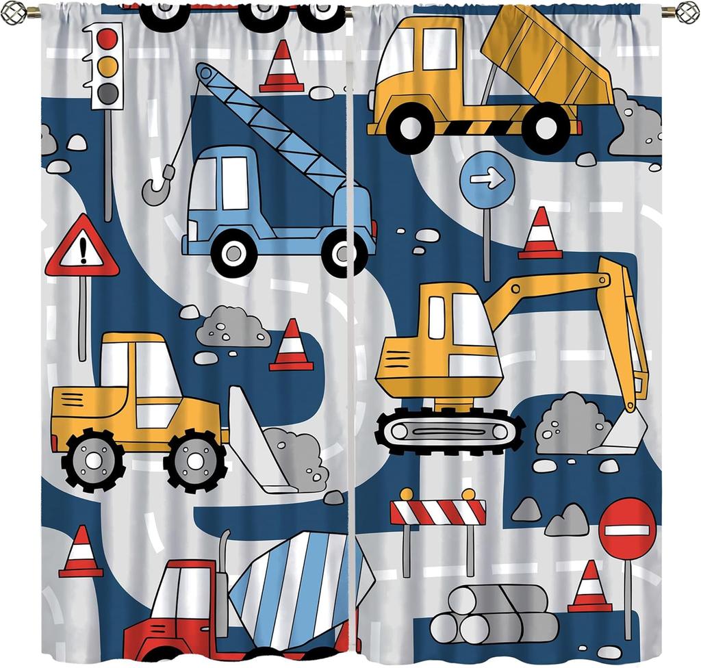 Dinosaur Construction Curtains For Boys,Cartoon Forest Architectural Site Dinosaur Excavator Tractor Truck Window Drapes Print