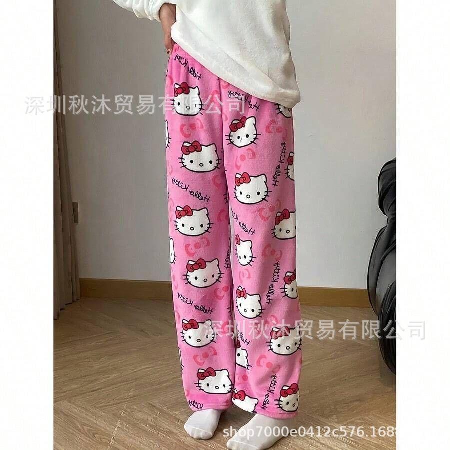 Halloween Kawaii Hello Kitty Flanellen Pyjamabroek Dames Winter Fleece gevoerd Warm Loungewear Trekkoord Joggingbroek