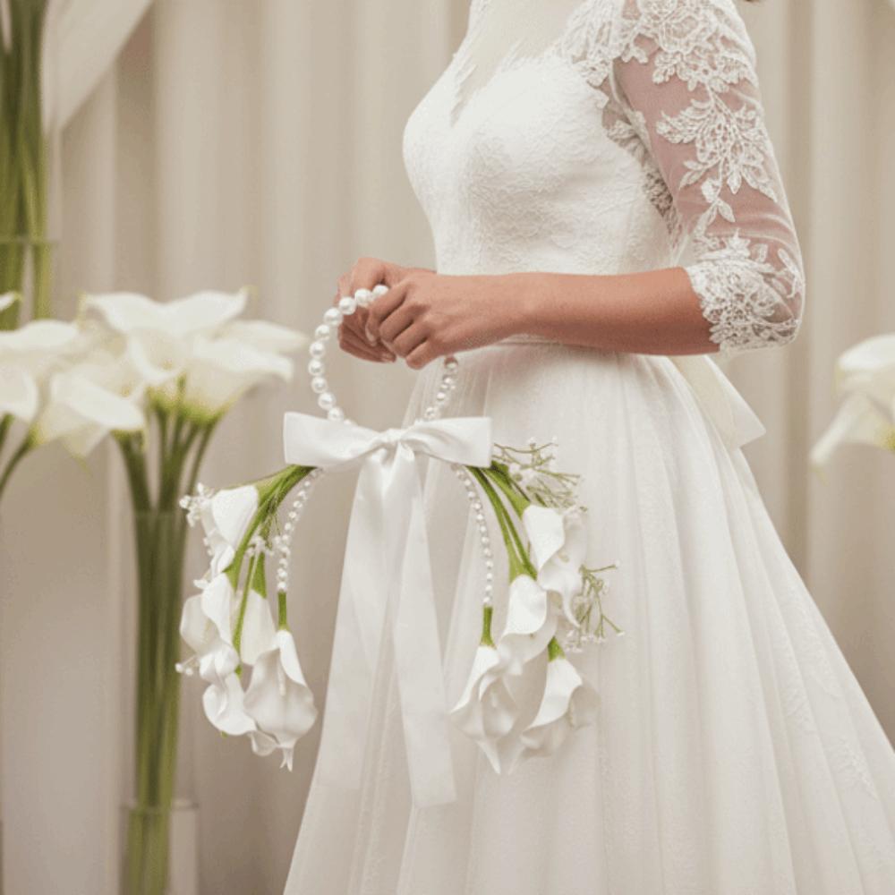 Satin Bowknot Wedding Flowers White Blossom Top Handle Bouquet Bridal Bouquet  Engagement Party