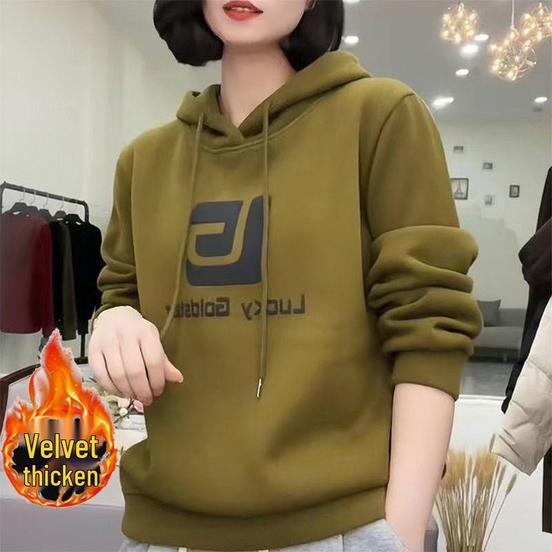 Women's Fleece-Lined Thickened Hooded Sweatshirt: Loose Fit, Slimming, Autumn/Winter Korean Style.