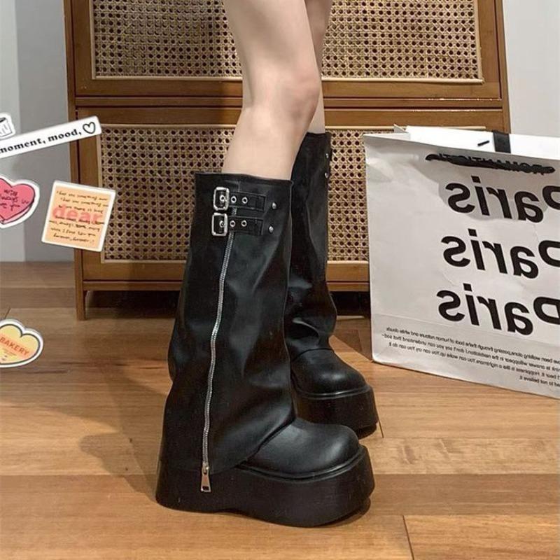 Fashionable Wide Leg Knight Long Boots Inner Elevator Thick Sole Side Zipper Buckle Slouchy Design