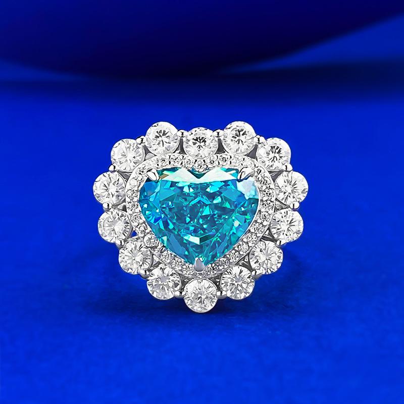 Xian Can S925 Silver Blue Ice Flower Heart Ring with Diamonds Size 6