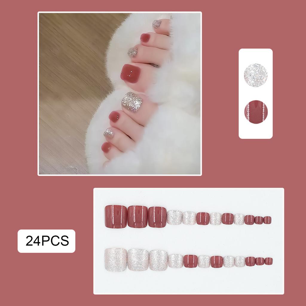 24pcs Soft Glitter Fake Toenails Solid & Glitter Minimalist Press-on Toenails for Shopping Traveling Dating