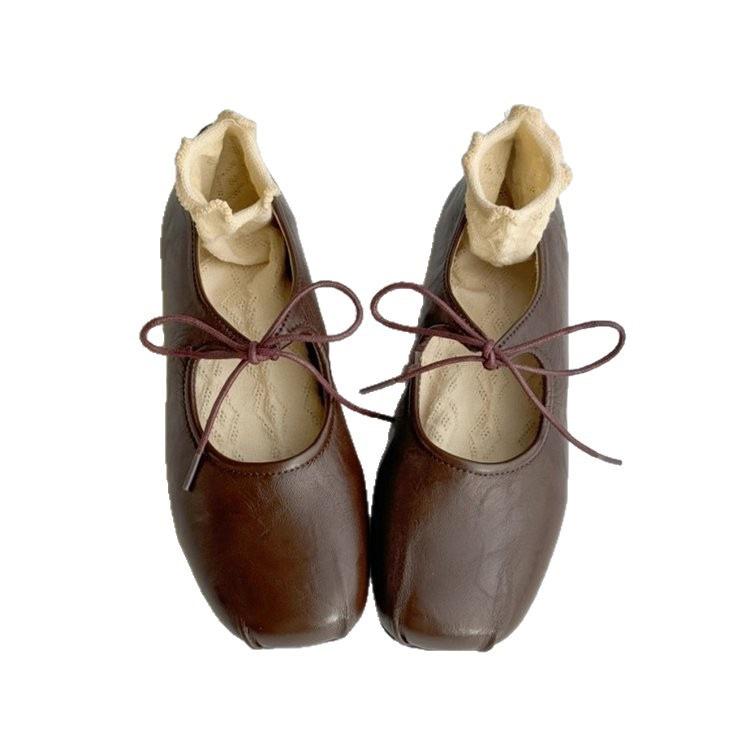Retro Temperament Round Head with Mary Jane Shoes Pleated Flat Ballet Shoes Shallow Mouth Soft Sole Single Shoes