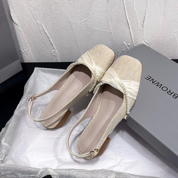 Fashion Mid Heels Women's Sandals Designer Square Toe Bead Shallow Buckle Shoes 2025 Summer New Trend Fad Brand Chunky Chaussures Femme